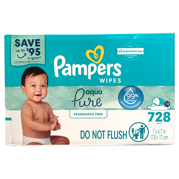 Pampers Aqua Pure Fragrance Free Hypoallergenic Baby Wipes, 13 packs, 728 wipes