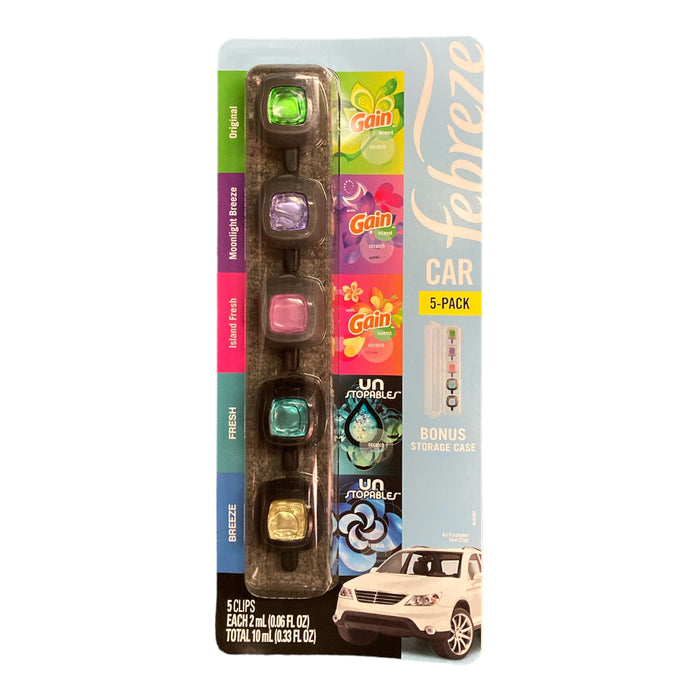 Febreze Gain Fresh Breeze Unstopables Variety Air Freshener, 5 Car Vent Clips