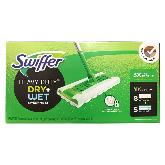 Swiffer Heavy Duty Dry+Wet Sweeping Kit - 1 Sweeper, 8 Dry Cloths & 5 Wet Cloths