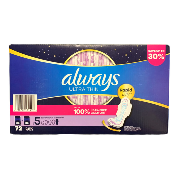 Always Ultra Thin Rapid Dry Extra Heavy Overnight Pads, Size 5, 72 ct.