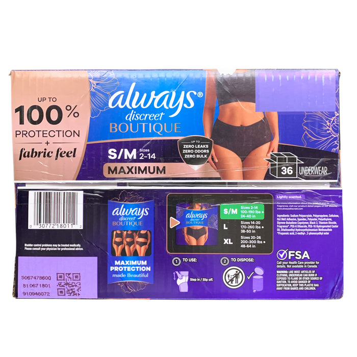 Always Discreet Boutique Incontinence Underwear, S/M, Maximum Protection, 36ct.