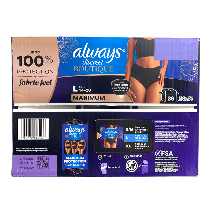 Always Discreet Boutique Incontinence Underwear, L(14-20), Max Protection, 36ct.