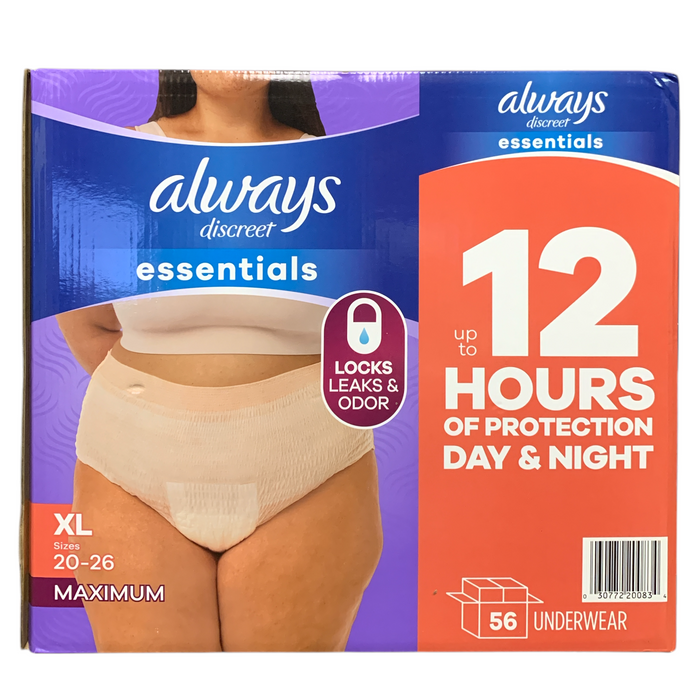 Always Discreet Essentials Incontinence Underwear For Women, XL (20-26), 56Ct.