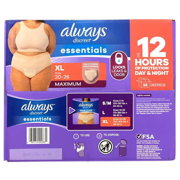 Always Discreet Essentials Incontinence Underwear For Women, XL (20-26), 56Ct.