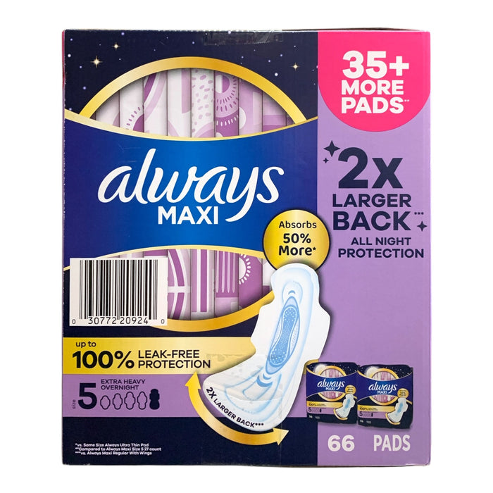 Always Maxi Extra Heavy Overnight Pads with Wings, Size 5, 66 Count