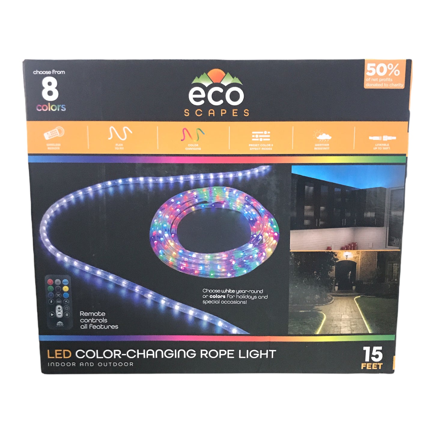EcoScapes LED Color-Changing 15' Rope Light with Remote, Linkable Indoor/Outdoor