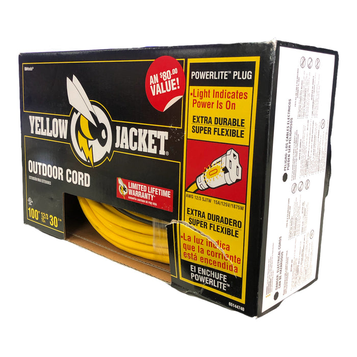 *Distressed Package* Yellow Jacket 12/3 100' Yellow Heavy-Duty Extension Cord
