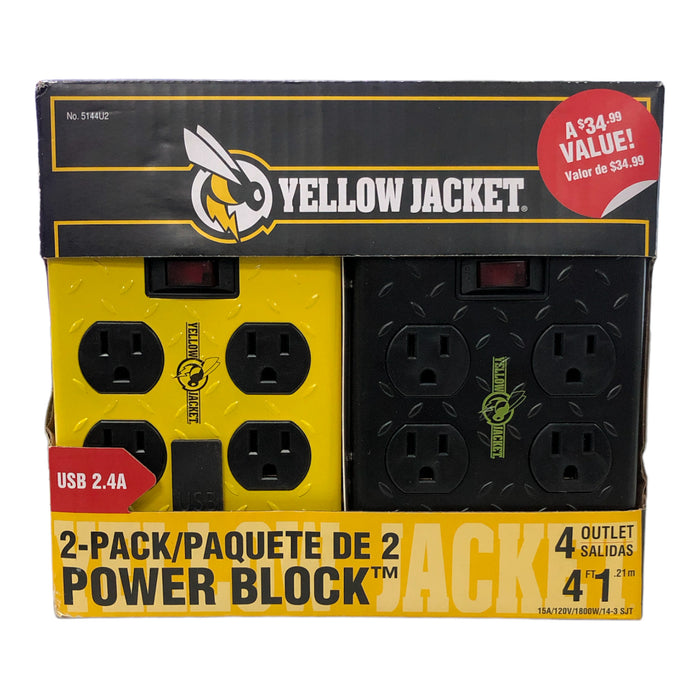 Yellow Jacket 4 Outlet Power Block with 2 USB Ports, 4 Feet, 2 Pack
