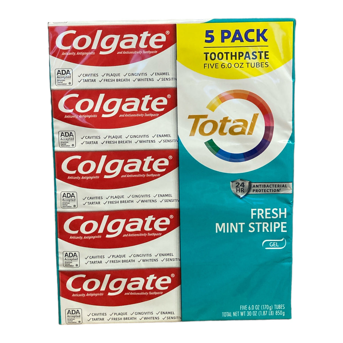 Colgate Total Fresh Mint Stripe Gel Toothpaste (6.0 Oz, 5 Pk ...