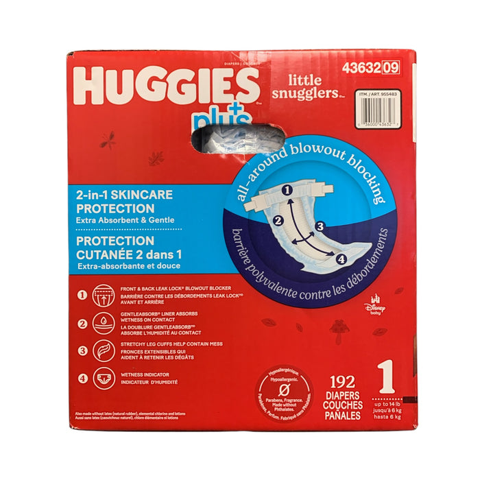 Huggies Plus Little Snugglers Diapers Size 1 (Up to 14lbs), 192 Count
