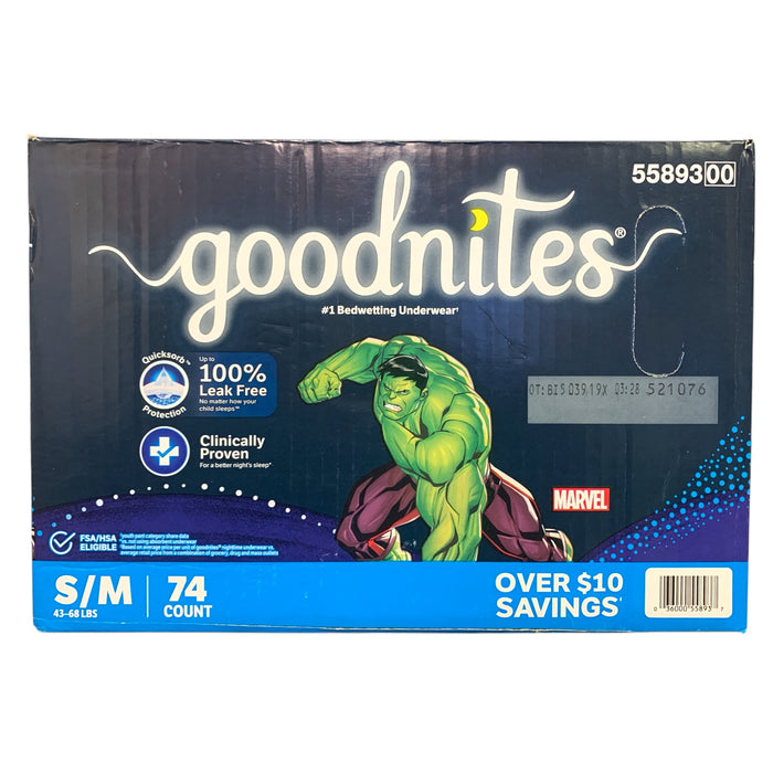 Goodnites Nighttime Bedwetting Underwear for Boys, S/M, 43-68lbs., 74ct (Hulk)