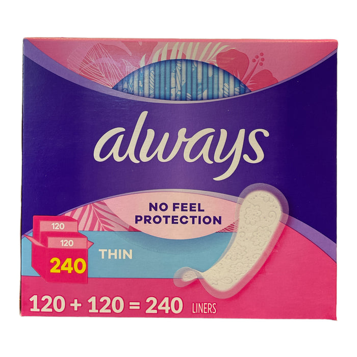 Always Thin Daily Liners, No Feel, Regular Unscented Wrapped, 240 Count