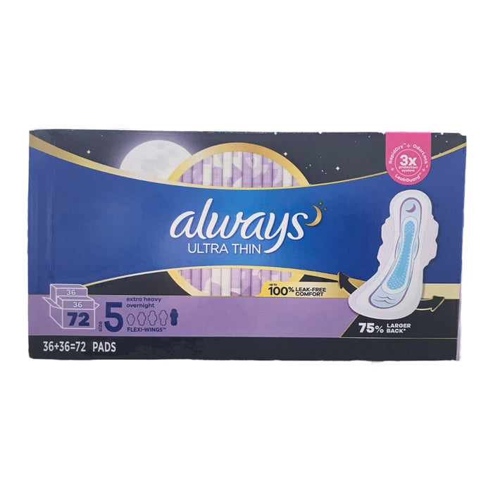 Always Ultra Thin, Size 5, Extra Heavy Overnight Pads With Wings, (72 Count)