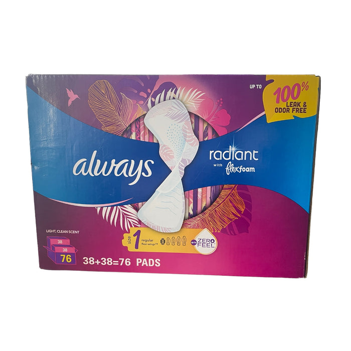 Always Radiant Regular Leak and Odor Proof Pads, Scented, Size 1, 76 Count