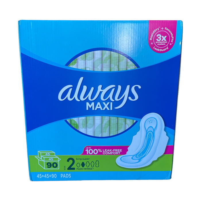 Always Maxi Long Super Pads, Unscented, Size 2, 90 Count