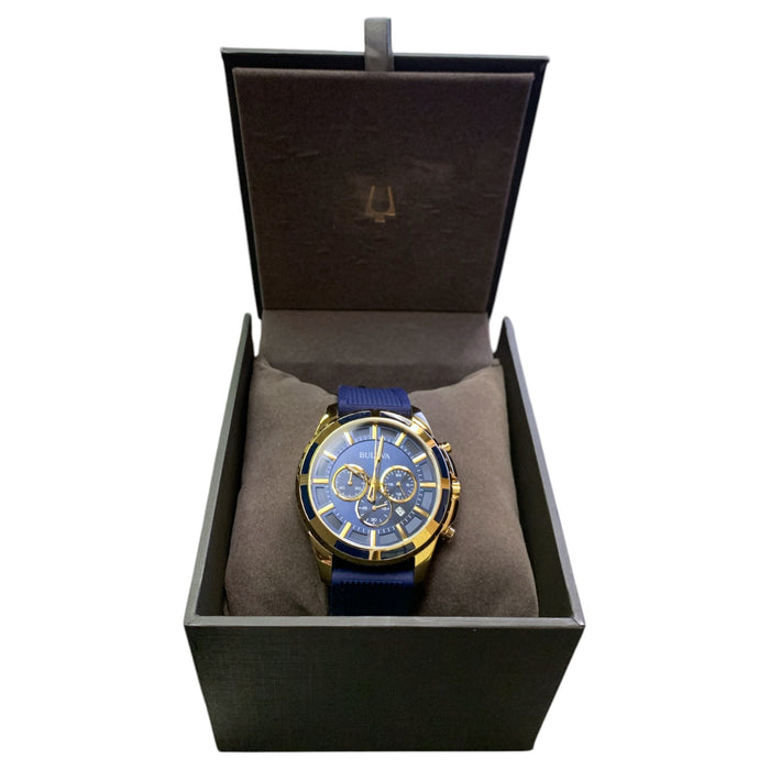 Bulova Men's Classic Quartz Watch, Gold Stainless, Blue Rubber Strap, 97B222