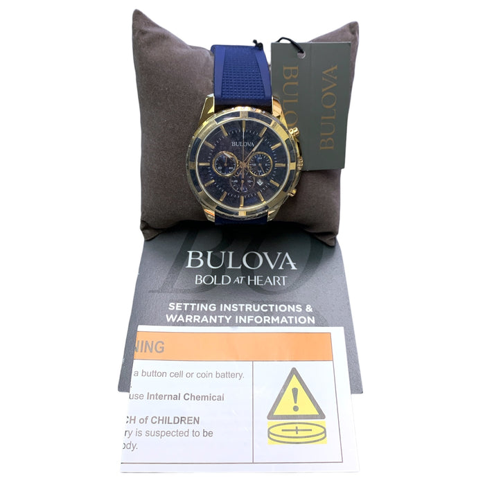 Bulova Men's Classic Quartz Watch, Gold Stainless, Blue Rubber Strap, 97B222