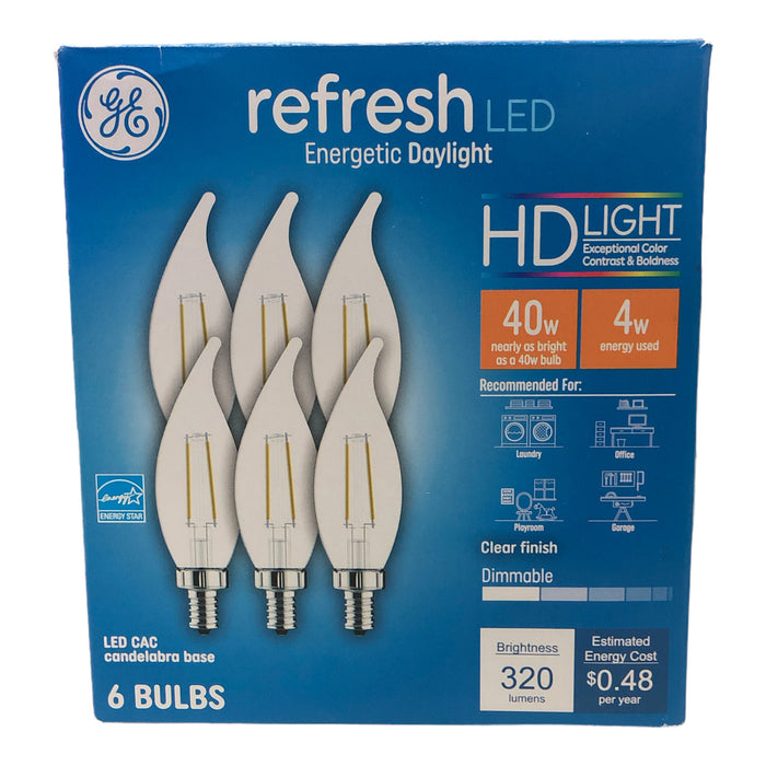 GE Refresh 40-Watt LED Candelabra Base Bulb CA11 Dimmable Daylight Bulb, 6 Pack