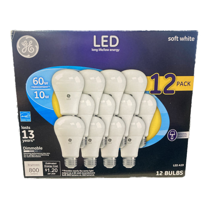 GE LED Light Bulb Soft White 10 Watt(60 Watt Replacement) A19 Dimmable 12-Pack