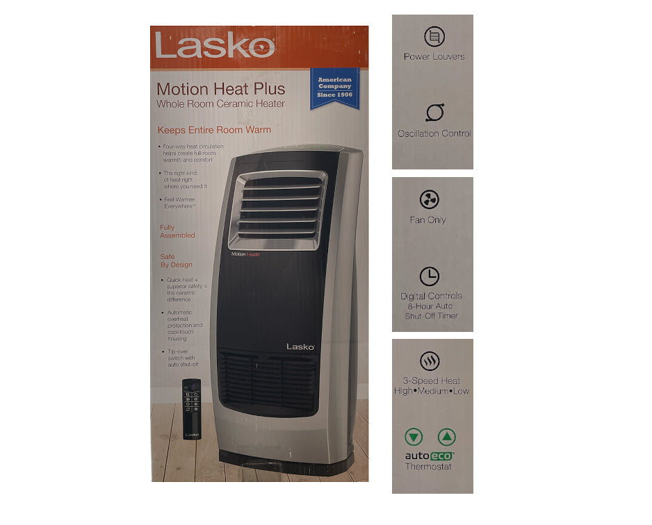 Lasko Motion Heat Plus Whole Room Ceramic Heater, ECO Mode, 3 Speed, 1500 Watts