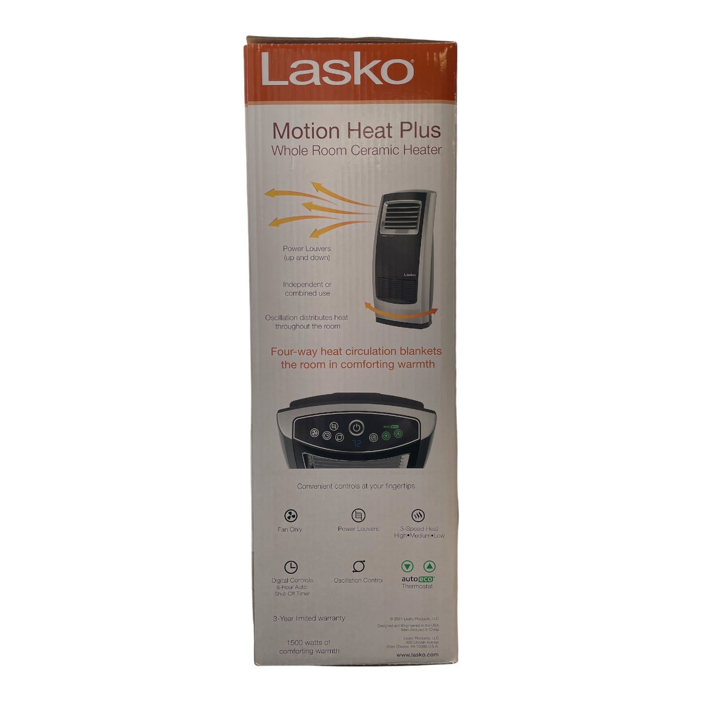 Lasko Motion Heat Plus Whole Room Ceramic Heater, ECO Mode, 3 Speed, 1500 Watts
