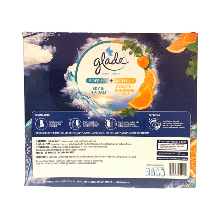 Glade Plugins Scented Oil, Sky & Sea Salt & Coastal Sunshine Citrus, 9 Refills