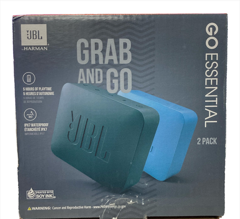 JBL Go Essential Waterproof Bluetooth Wireless Speaker, 2 Pack, Blue/Black