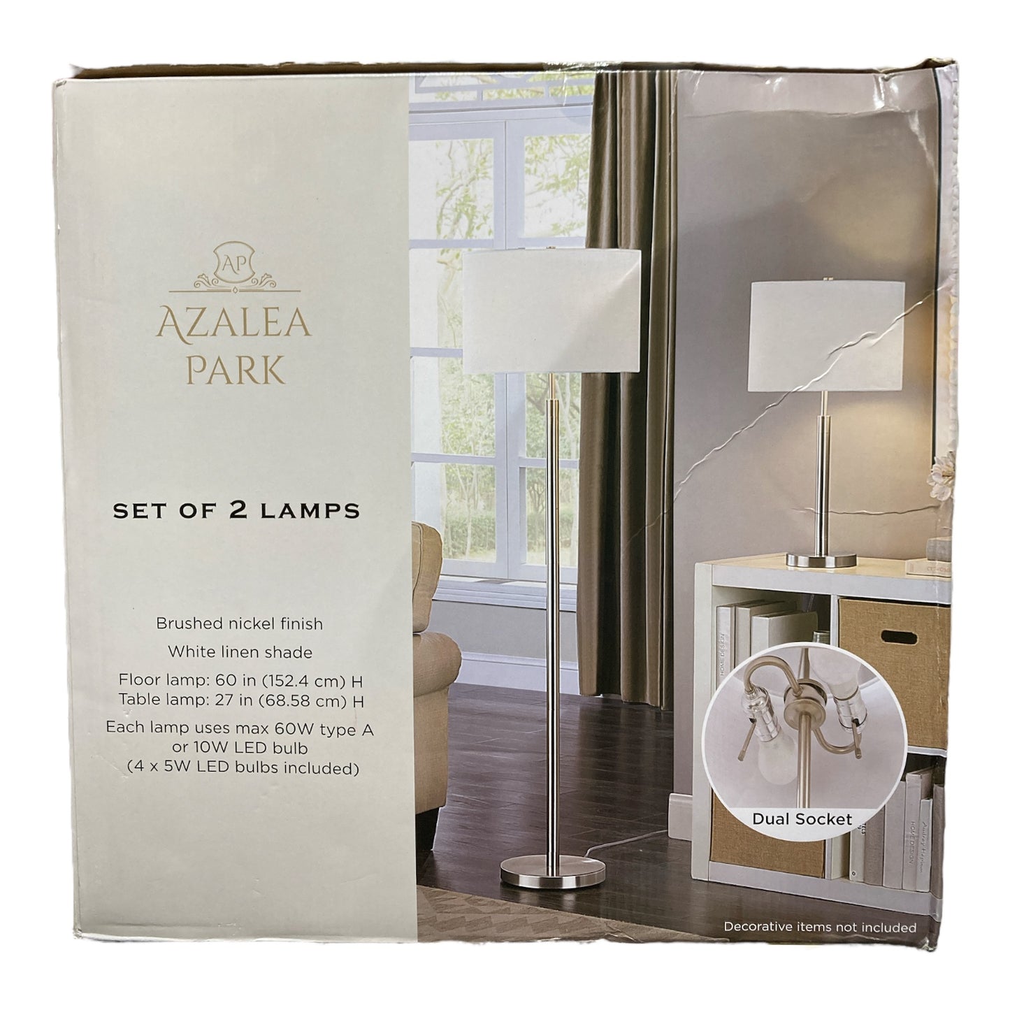 Azalea Park Brushed Nickel Twin Light Floor & Table Lamp Set, White Linen Shade