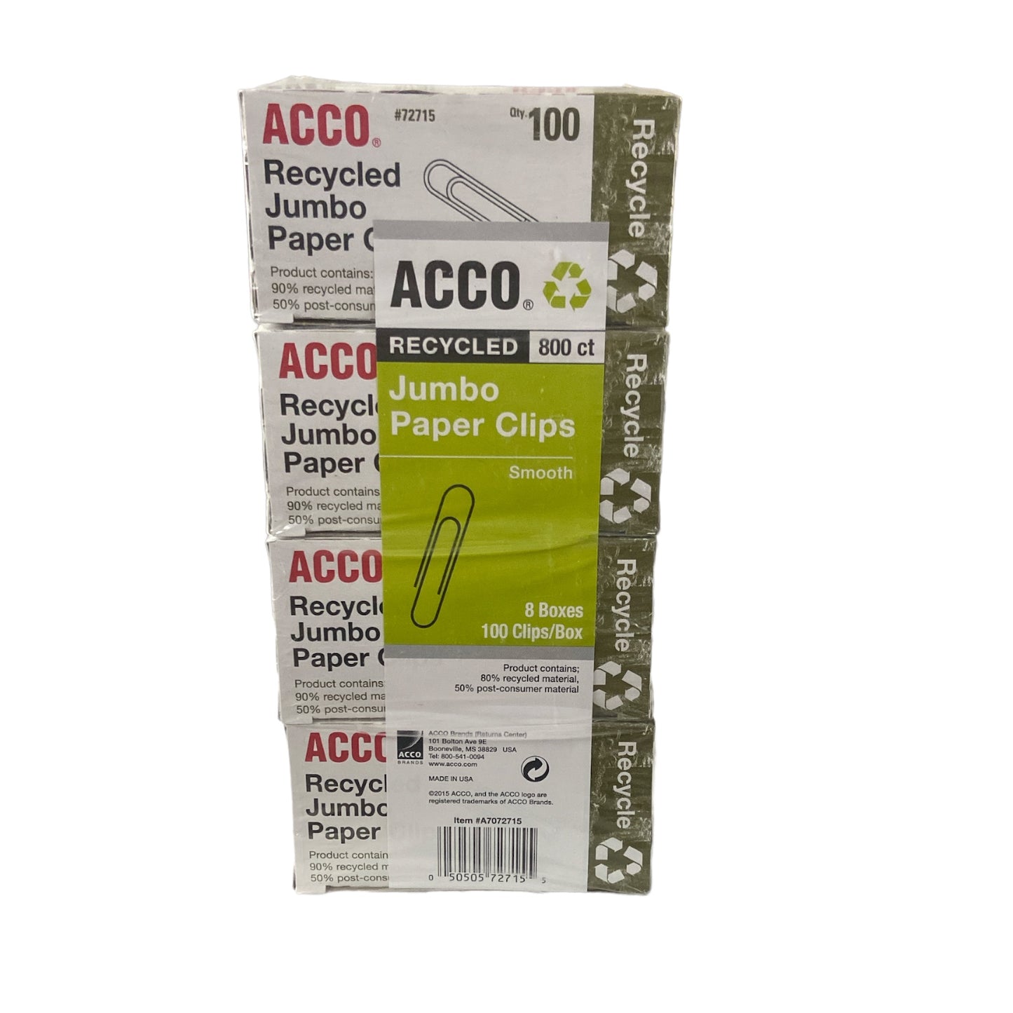 ACCO Recycled Paper Clips, 90% Recycled, Smooth, Jumbo, 100/Box, 8 Pack
