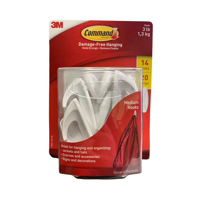 3M Command Brand Medium General Purpose Hooks, White, 14 Hooks & 20 strips, 3lbs