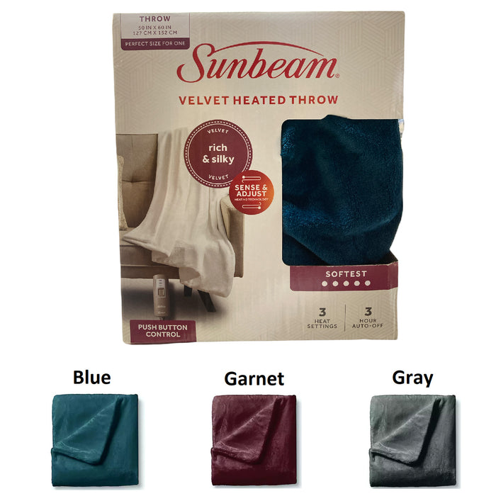 Sunbeam Velvet Heated Throw Blanket, 50" x 60", Ultra Soft, Auto Off