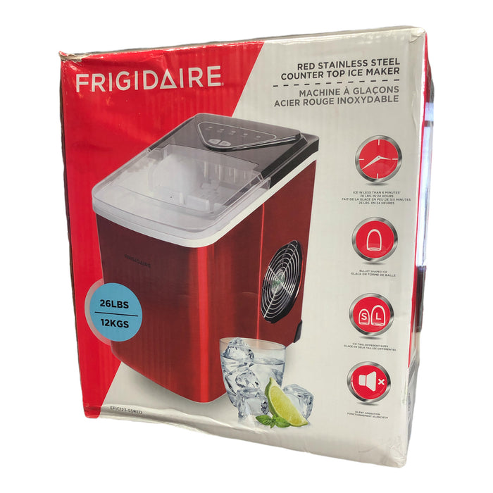 Frigidaire Compact Countertop Ice Maker, 26lbs of Ice per day, Red Stainless