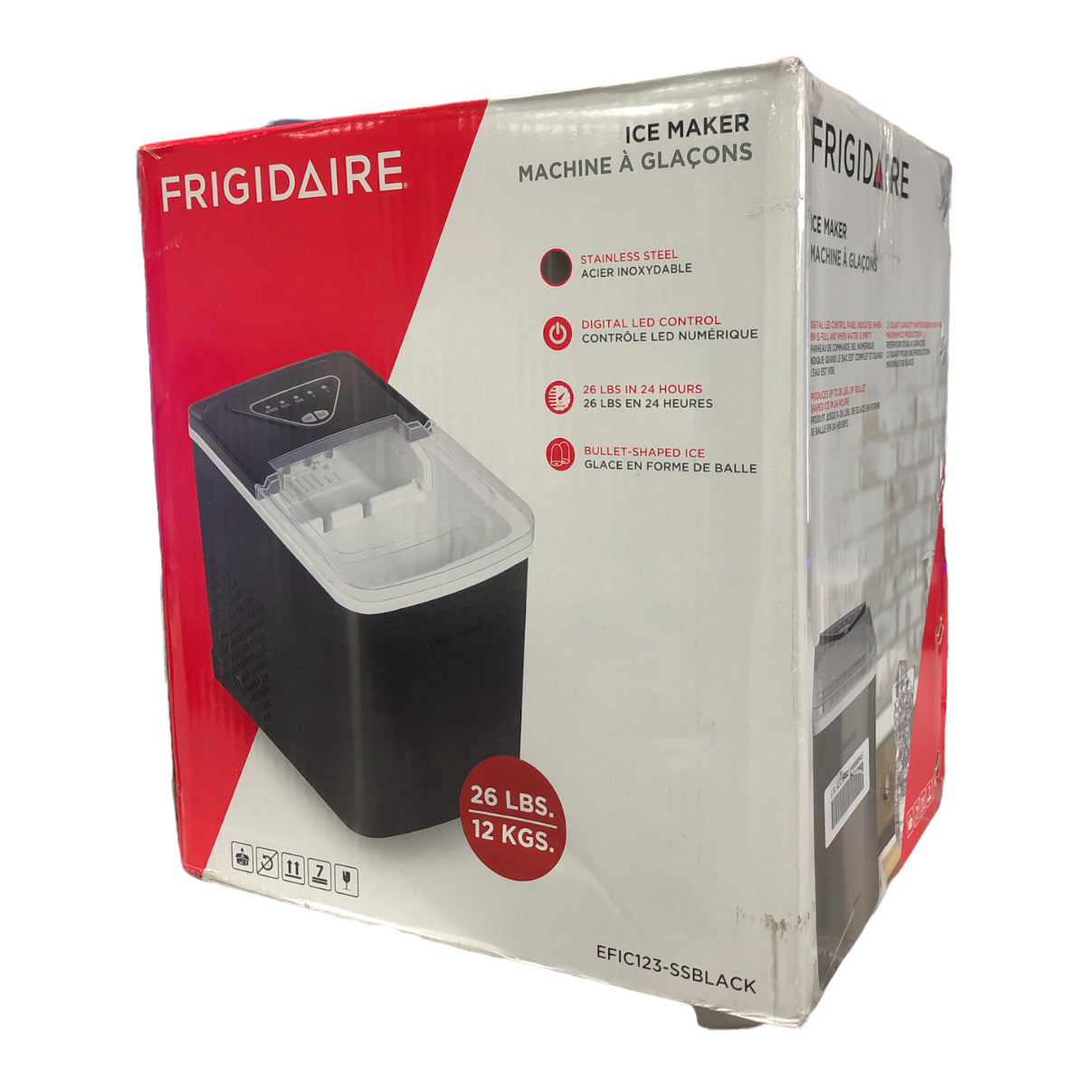 Frigidaire, 26 lbs. Ice Maker, Bullet-Shaped Ice, Stainless Steel