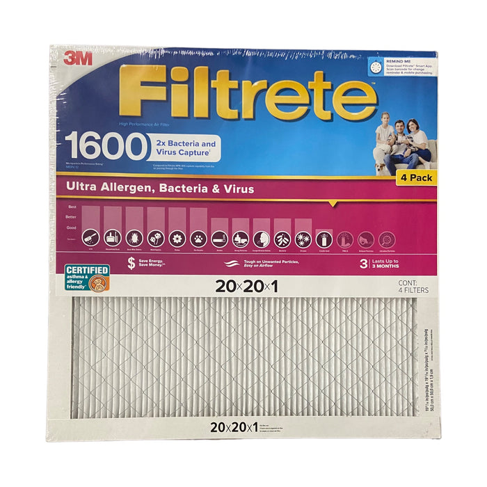 Filtrete Ultra Allergen 2X Bacteria & Virus Filter (1600 MPR), 20x20x1 (4 Pack)