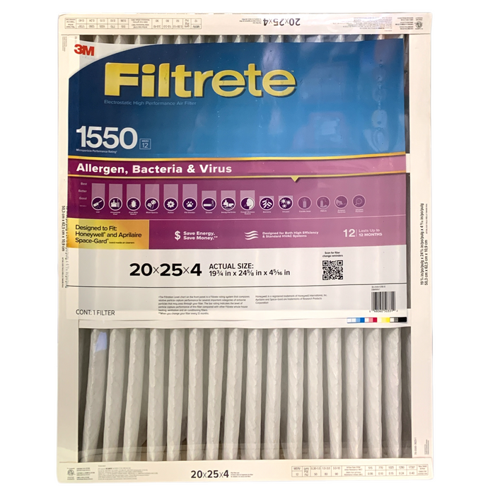 3M Filtrete Electrostatic High Performance Air Filter 2-Pack, 1550, 20"x25"x4"