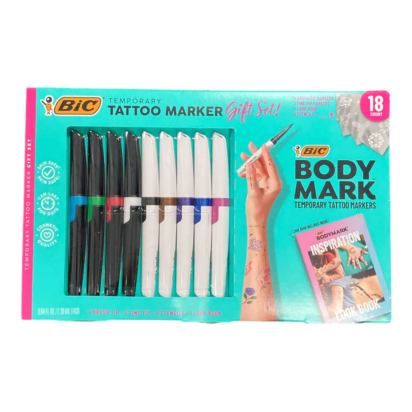 BIC BodyMark Temporary Tattoo Kit: 9 Markers 5 Stencil Sheets Inspiration Book