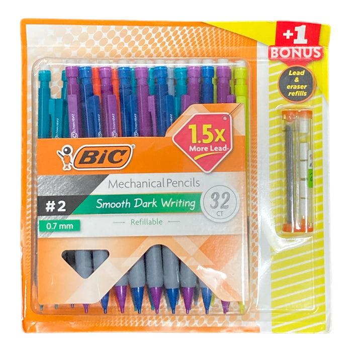 BIC 32 Ct Mechanical Pencil, HB #2, 0.7mm - Assorted Colors +1 Lead & Eraser