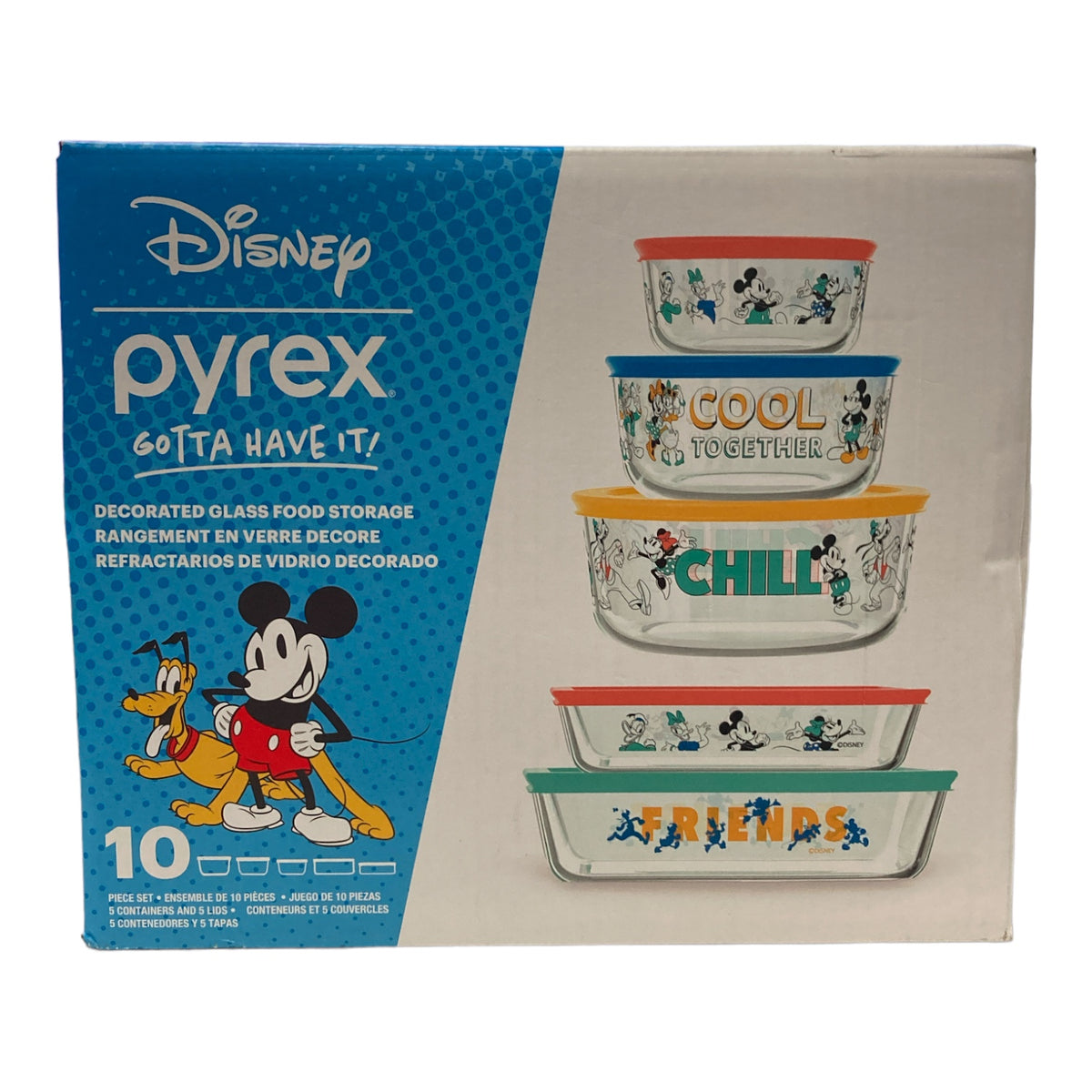 Disney Mickey Mouse Pyrex 10 Piece Glass Food Storage Set Bowls and Li ...