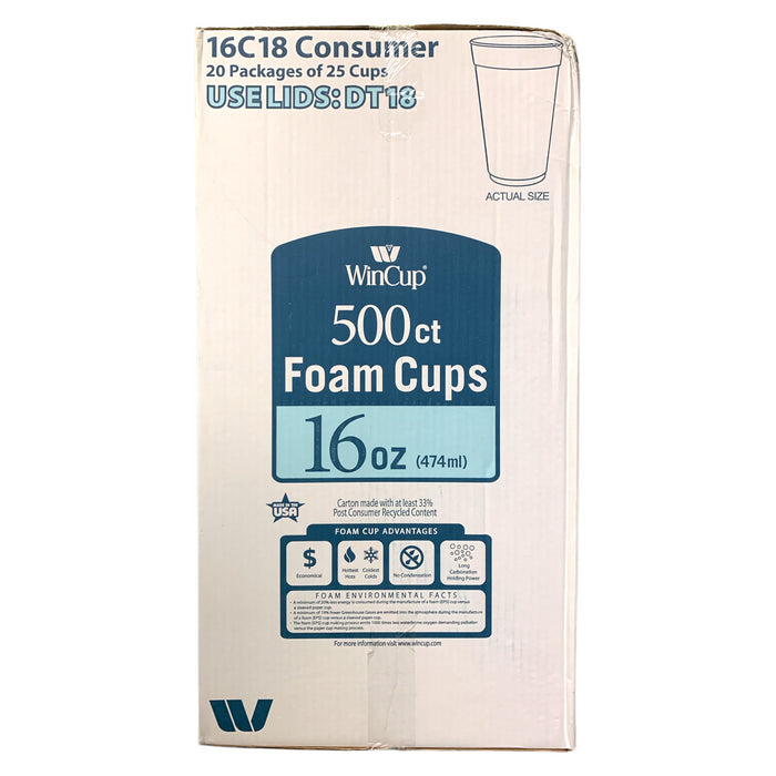 WinCup 500ct. Foam Cups 16C18, 16oz., For Hot and Cold Beverages, Fits Lids DT18
