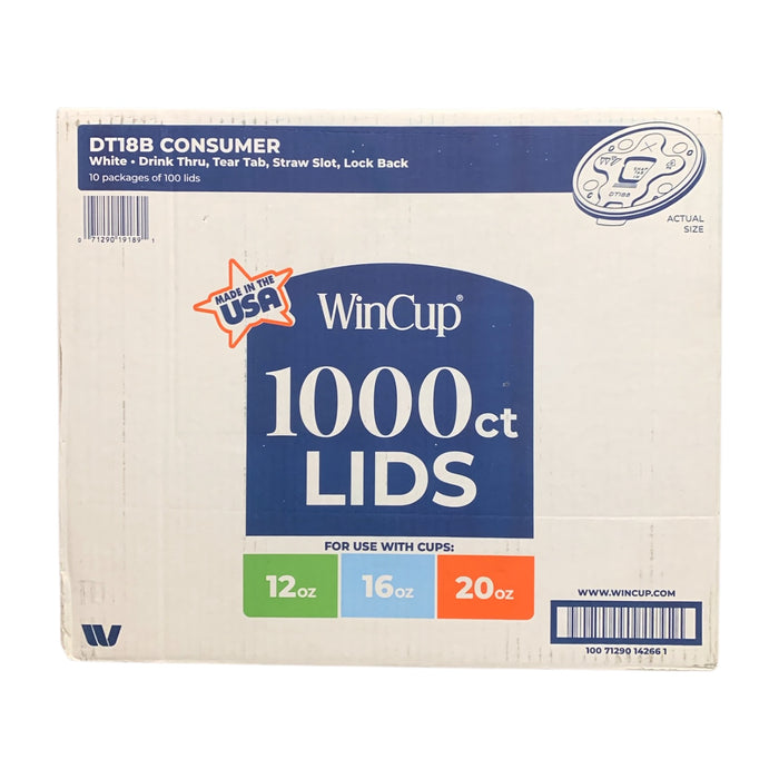 WinCup DT18B Consumer Plastic Lids, Fits 12-20oz., White, 1000 Count