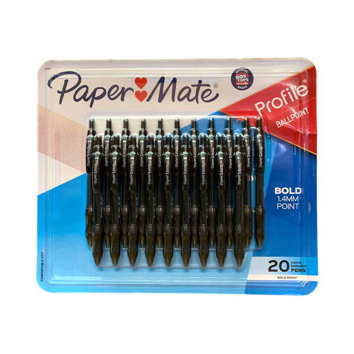 Paper Mate Profile Bold 1.4mm, Retractable Ink Pen, Comfort Grip, Black. 20ct.