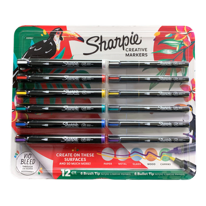 Sharpie Creative Markers 12-Pack, 6 Brush Tip & 6 Bullet Tip Acrylic Markers