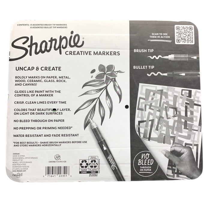 Sharpie Creative Markers 12-Pack, 6 Brush Tip & 6 Bullet Tip Acrylic Markers