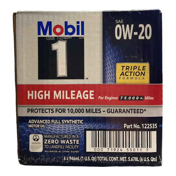 Mobil 1 High Mileage Triple Action Formula Motor Oil 0W-20, 6 Pack/1 qt.