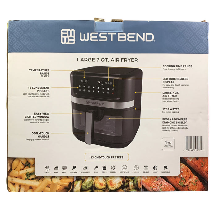 West Bend 7 Quart Air Fryer, 1700 Watt, Easy-View Window, 13 One-Touch Presets