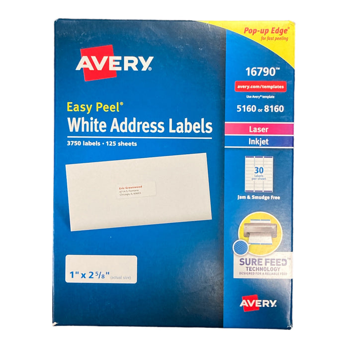 Avery Easy Peel Address Labels, Permanent Adhesive, 1" x 2-5/8", 3750 Labels