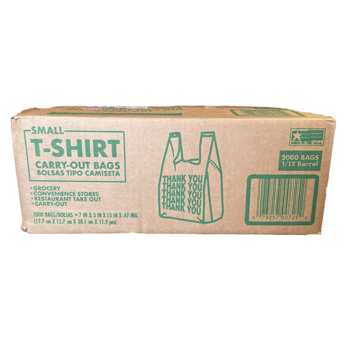 Poly America 2,000 Count, Small T-Shirt Carry-Out Plastic Bags, 7" x 5" x 15"