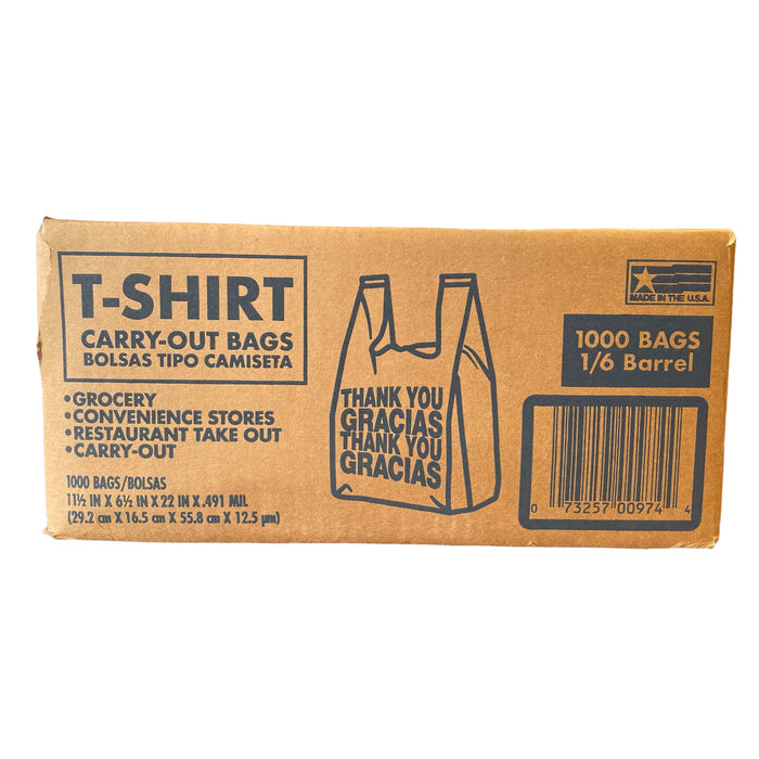 T-Shirt Carry-Out Bags, 1/6 Barrel, 11.5" x 6.5" x 22" (1000 Count)