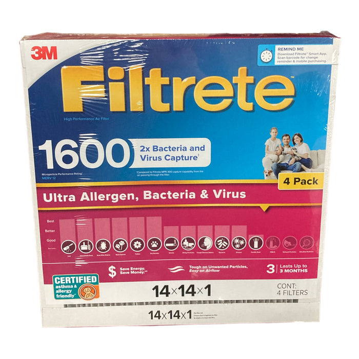 3M Ultra Allergen Filtrete Filter MPR 1600 MERV 12 14x14x1 4-Pack