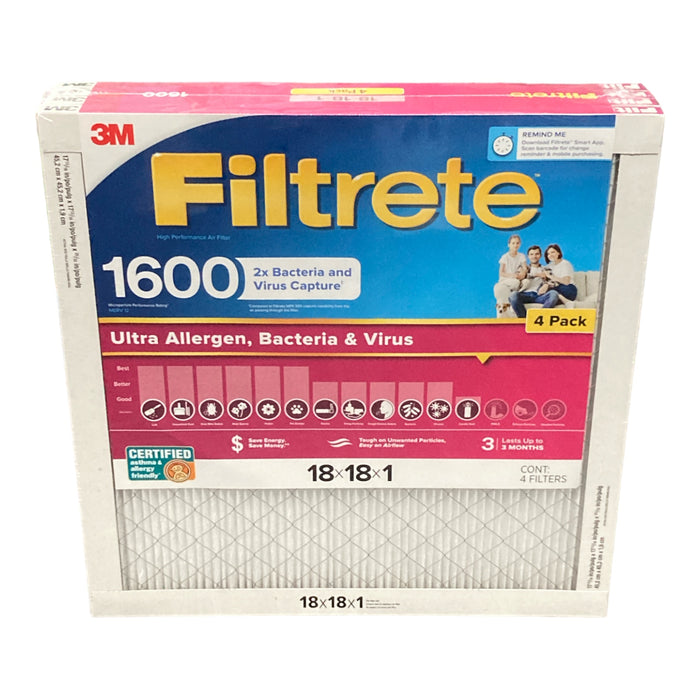 Filtrete Ultra Allergen 2X Bacteria and Virus Filter, 1600 MPR (4 pk.), 18x18x1